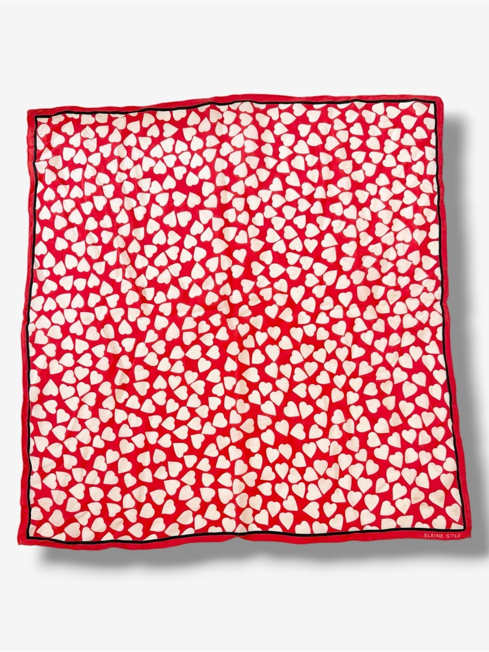 Vintage Elaine Gold Silk Scarf Red White Heart Print Rolled Edge Square Feminine